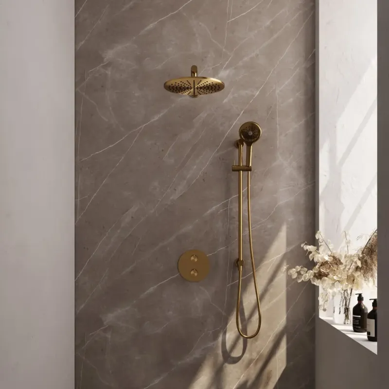 Brauer Gold Edition thermostatische inbouw regendouche met 3 standen handdouche, rechte muurarm, glijstang en hoofddouche 30cm set 92 messing geborsteld PVD Superprijs