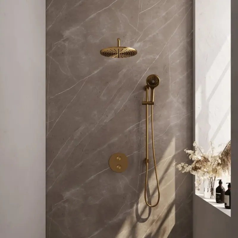 Gratis Retour Brauer Gold Edition thermostatische inbouw regendouche met 3 standen handdouche, gebogen muurarm, glijstang en hoofddouche 30cm set 94 messing geborsteld PVD