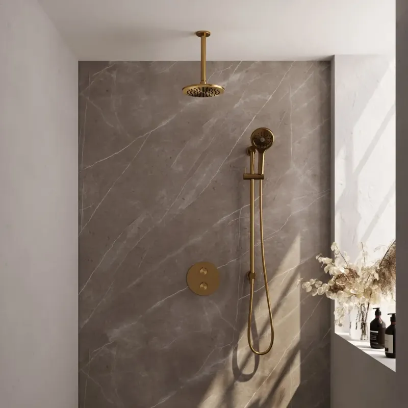 Brauer Gold Edition thermostatische inbouw regendouche met 3 standen handdouche, plafondarm, glijstang en hoofddouche 20cm set 95 messing geborsteld PVD Laatste Kans