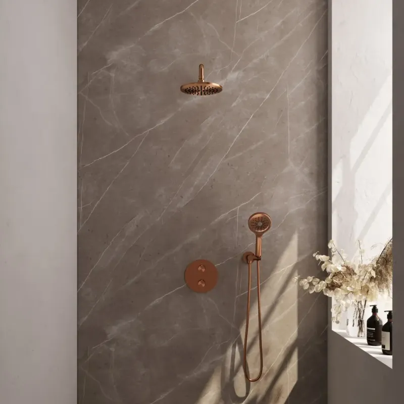 Lage Kosten Brauer Copper Edition thermostatische inbouw regendouche met 3 standen handdouche, gebogen muurarm en hoofddouche 20cm set 81 koper geborsteld PVD