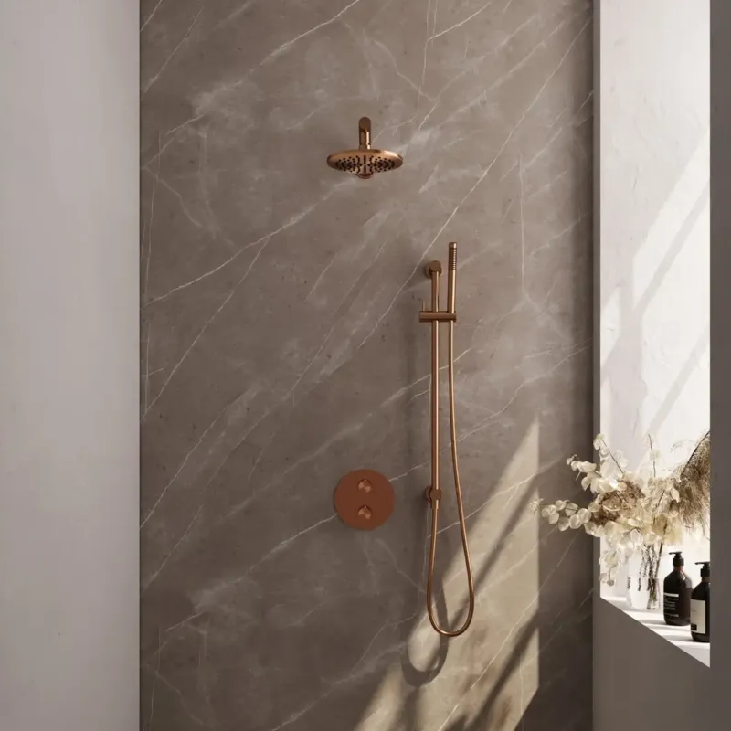 Koopje Brauer Copper Edition thermostatische inbouw regendouche met staafhanddouche, rechte muurarm, glijstang en hoofddouche 20cm set 85 koper geborsteld PVD