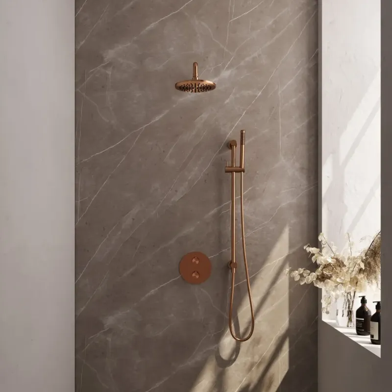 Hoge Kwaliteit Brauer Copper Edition thermostatische inbouw regendouche met staafhanddouche, gebogen muurarm, glijstang en hoofddouche 20cm set 87 koper geborsteld PVD