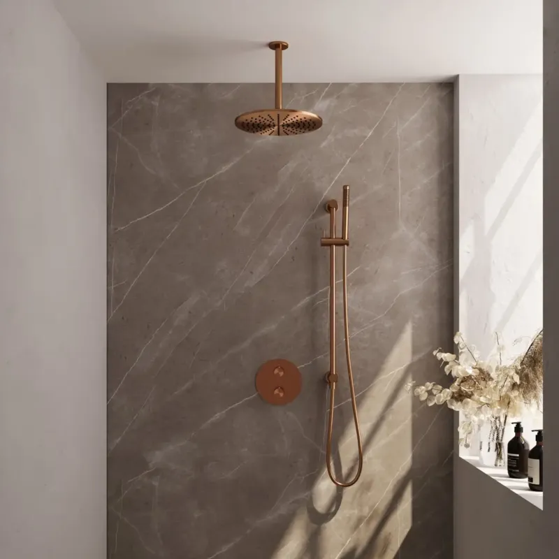 Goedkoop Brauer Copper Edition thermostatische inbouw regendouche met staafhanddouche, plafondarm, glijstang en hoofddouche 30cm set 90 koper geborsteld PVD