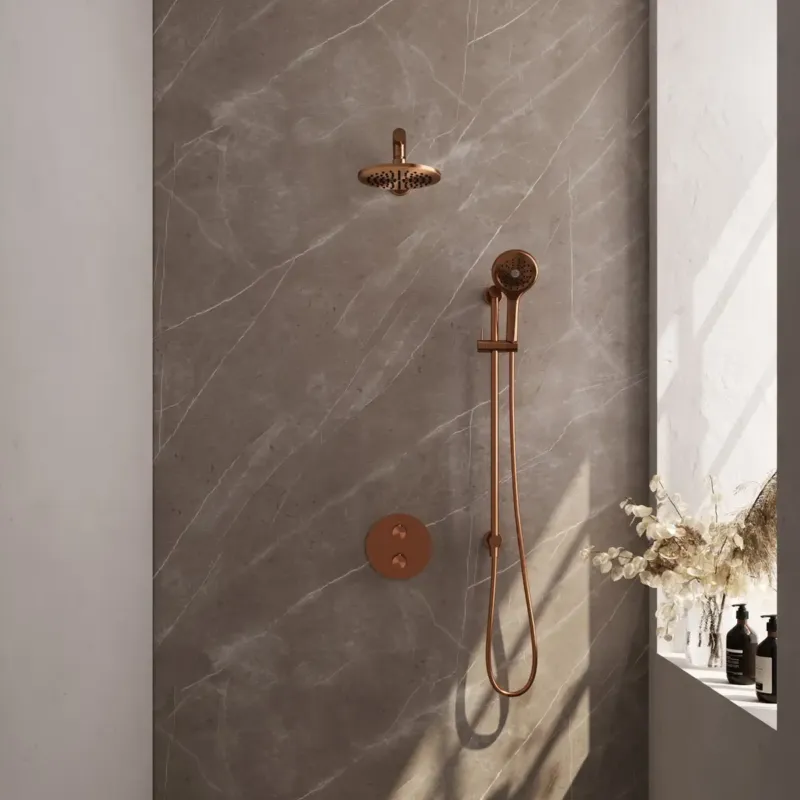Gereduceerde Prijs Brauer Copper Edition thermostatische inbouw regendouche met 3 standen handdouche, rechte muurarm, glijstang en hoofddouche 20cm set 91 koper geborsteld PVD