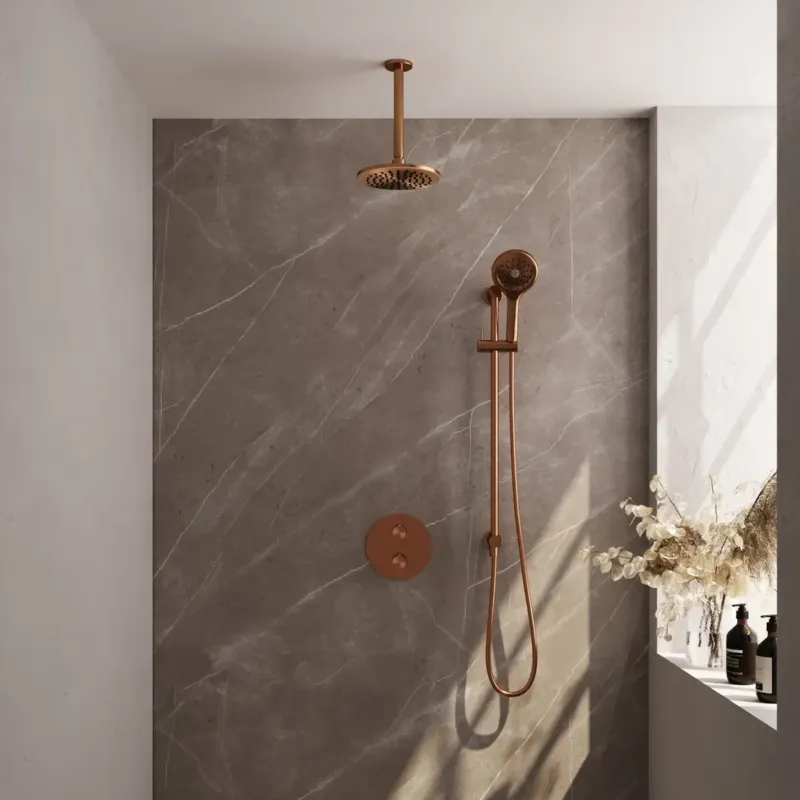 Hete Deal Brauer Copper Edition thermostatische inbouw regendouche met 3 standen handdouche, plafondarm, glijstang en hoofddouche 20cm set 95 koper geborsteld PVD