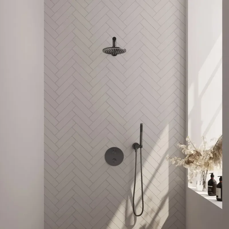 Brauer Gunmetal Edition thermostatische inbouw regendouche met staafhanddouche, rechte muurarm en hoofddouche 20cm set 73 gunmetal geborsteld PVD Beste Prijs
