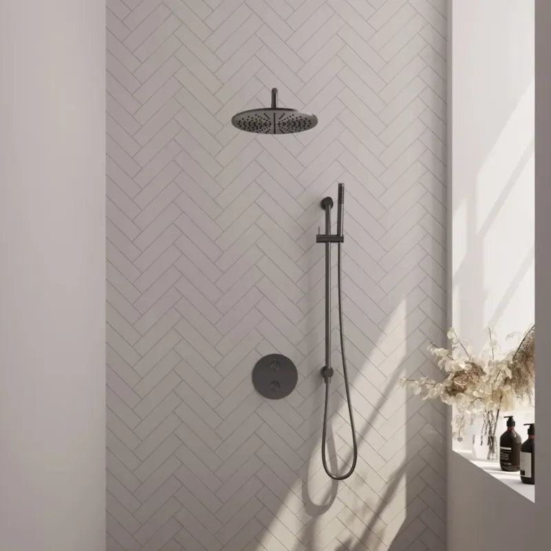 Brauer Gunmetal Edition thermostatische inbouw regendouche met staafhanddouche, gebogen muurarm, glijstang en hoofddouche 30cm set 88 gunmetal geborsteld PVD Direct Verzonden