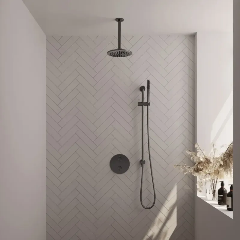 Brauer Gunmetal Edition thermostatische inbouw regendouche met staafhanddouche, plafondarm, glijstang en hoofddouche 20cm set 89 gunmetal geborsteld PVD Gereduceerde Prijs