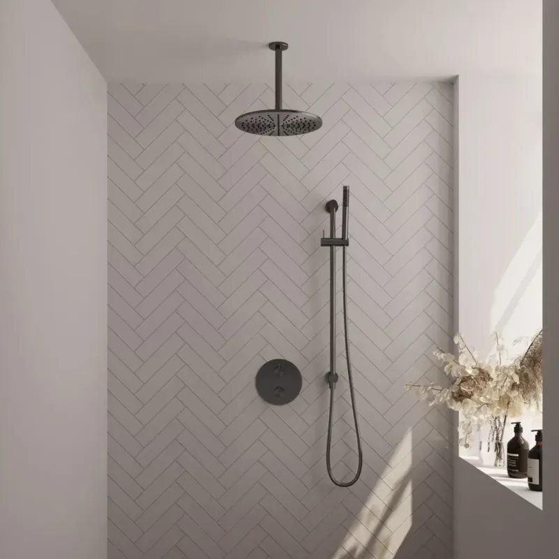Brauer Gunmetal Edition thermostatische inbouw regendouche met staafhanddouche, plafondarm, glijstang en hoofddouche 30cm set 90 gunmetal geborsteld PVD Lage Kosten