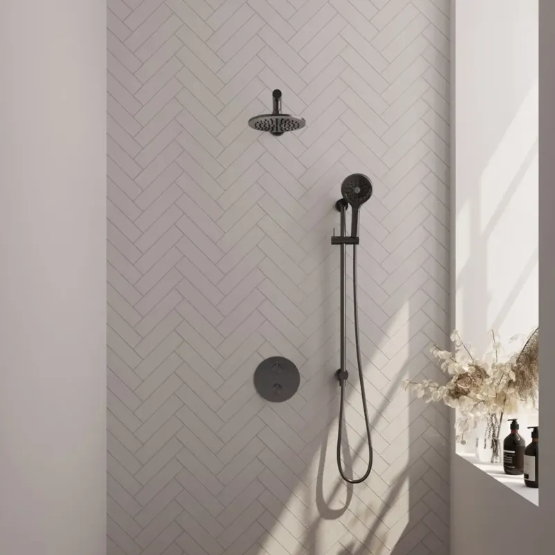 Brauer Gunmetal Edition thermostatische inbouw regendouche met 3 standen handdouche, rechte muurarm, glijstang en hoofddouche 20cm set 91 gunmetal geborsteld PVD Goedkoop