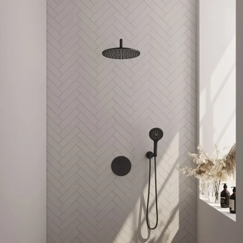 Brauer Black Edition thermostatische inbouw regendouche met 3 standen handdouche, gebogen muurarm en hoofddouche 30cm set 82 zwart mat Beperkt Aanbod