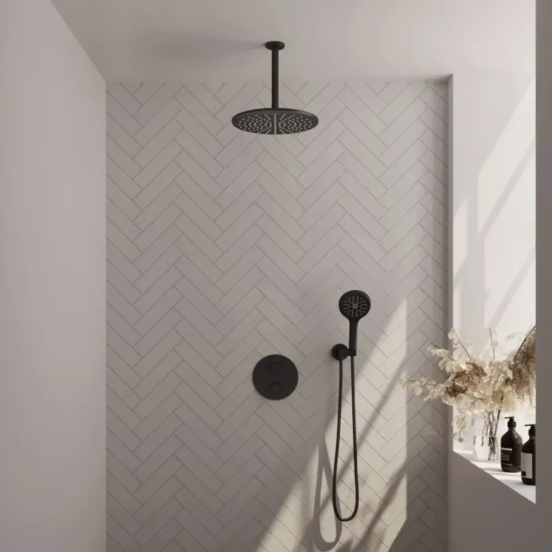 Direct Verzonden Brauer Black Edition thermostatische inbouw regendouche met 3 standen handdouche, plafondarm en hoofddouche 30cm set 84 zwart mat