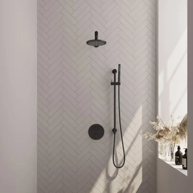 Premium Brauer Black Edition thermostatische inbouw regendouche met staafhanddouche, rechte muurarm, glijstang en hoofddouche 20cm set 85 zwart mat