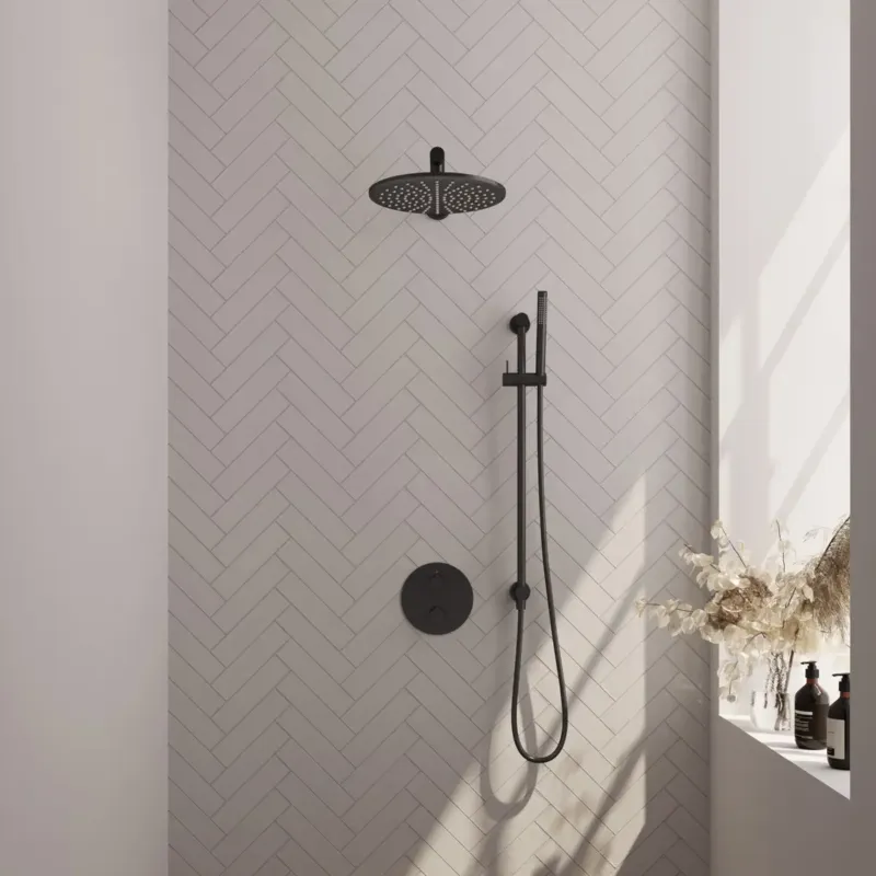 Merkproduct Brauer Black Edition thermostatische inbouw regendouche met staafhanddouche, rechte muurarm, glijstang en hoofddouche 30cm set 86 zwart mat