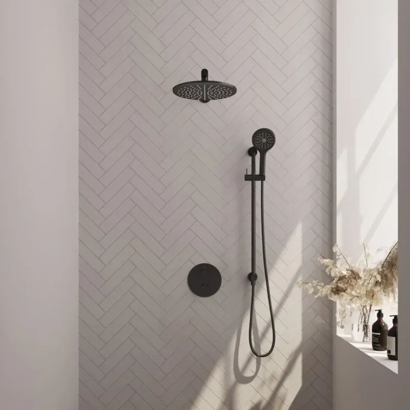 Koopje Brauer Black Edition thermostatische inbouw regendouche met 3 standen handdouche, rechte muurarm, glijstang en hoofddouche 30cm set 92 zwart mat