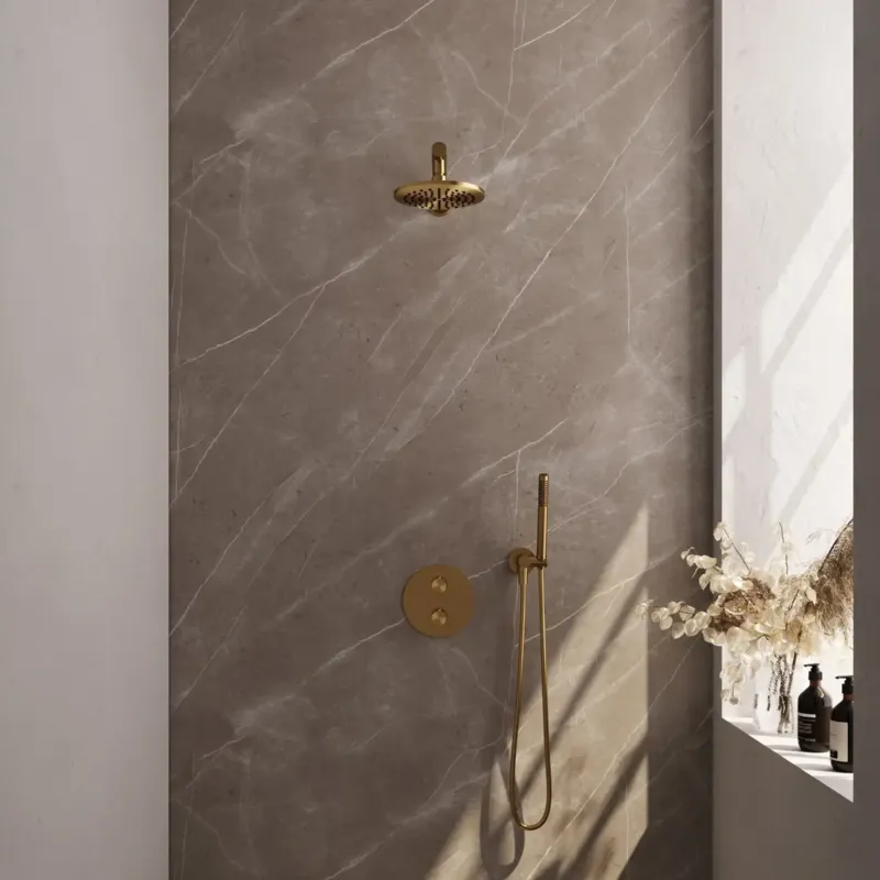 Brauer Gold Carving thermostatische inbouw regendouche met staafhanddouche, rechte muurarm en hoofddouche 20cm set 73 messing geborsteld PVD Meest Verkocht