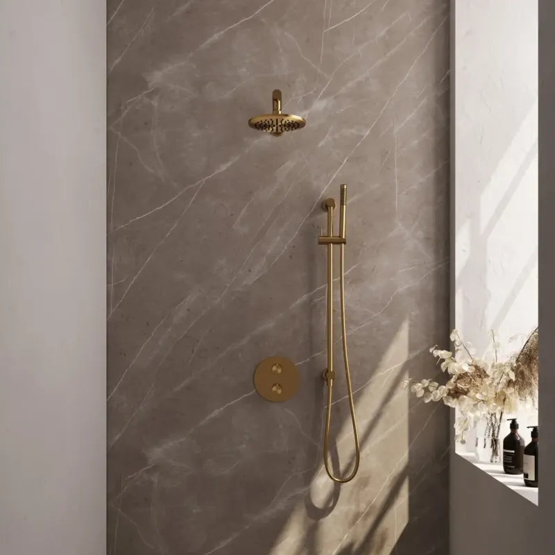 Brauer Gold Carving thermostatische inbouw regendouche met staafhanddouche, rechte muurarm, glijstang en hoofddouche 20cm set 85 messing geborsteld PVD Beste Prijs