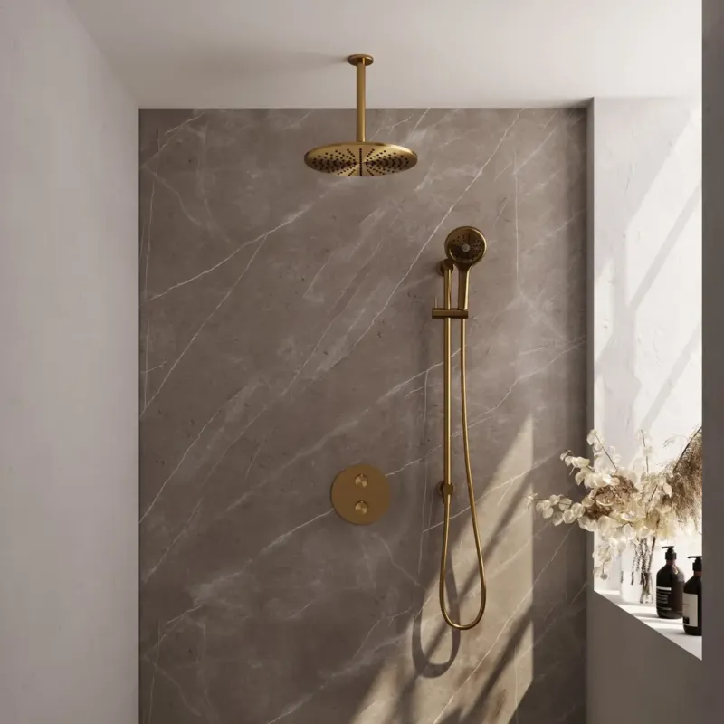 Brauer Gold Carving thermostatische inbouw regendouche met 3 standen handdouche, plafondarm, glijstang en hoofddouche 30cm set 96 messing geborsteld PVD Premium