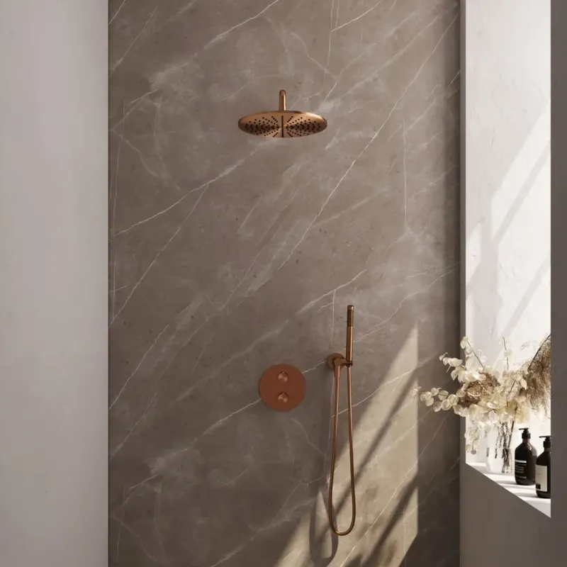 Brauer Copper Carving thermostatische inbouw regendouche met staafhanddouche, gebogen muurarm en hoofddouche 30cm set 76 koper geborsteld PVD Laatste Versie