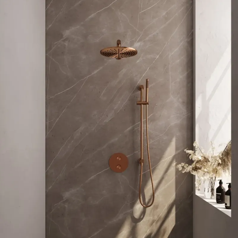 Laatste Kans Brauer Copper Carving thermostatische inbouw regendouche met staafhanddouche, rechte muurarm, glijstang en hoofddouche 30cm set 86 koper geborsteld PVD