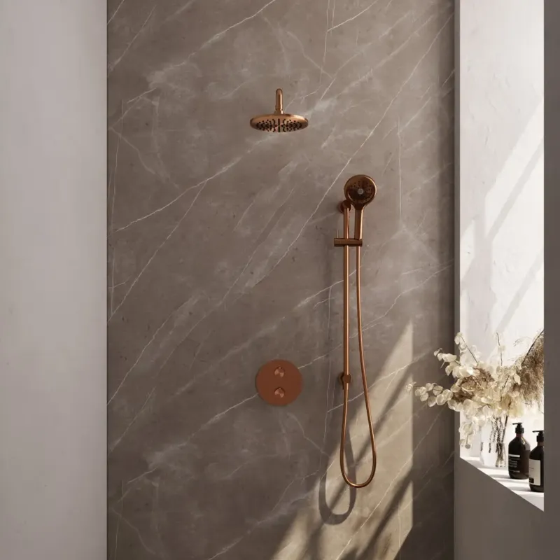 Brauer Copper Carving thermostatische inbouw regendouche met 3 standen handdouche, gebogen muurarm, glijstang en hoofddouche 20cm set 93 koper geborsteld PVD Laatste Kans
