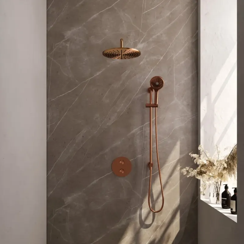 Shop Nu Brauer Copper Carving thermostatische inbouw regendouche met 3 standen handdouche, gebogen muurarm, glijstang en hoofddouche 30cm set 94 koper geborsteld PVD
