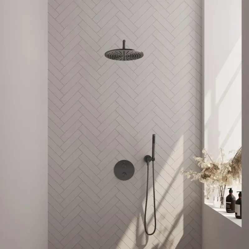 Brauer Gunmetal Carving thermostatische inbouw regendouche met staafhanddouche, gebogen muurarm en hoofddouche 30cm set 76 gunmetal geborsteld PVD Beste Prijs