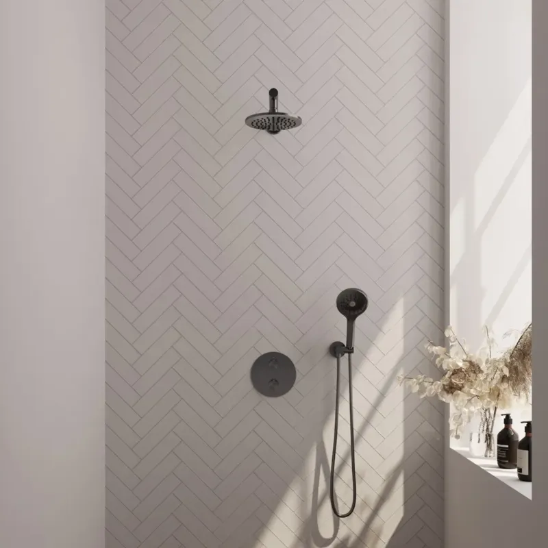 Brauer Gunmetal Carving thermostatische inbouw regendouche met 3 standen handdouche, rechte muurarm en hoofddouche 20cm set 79 gunmetal geborsteld PVD Uitverkoop