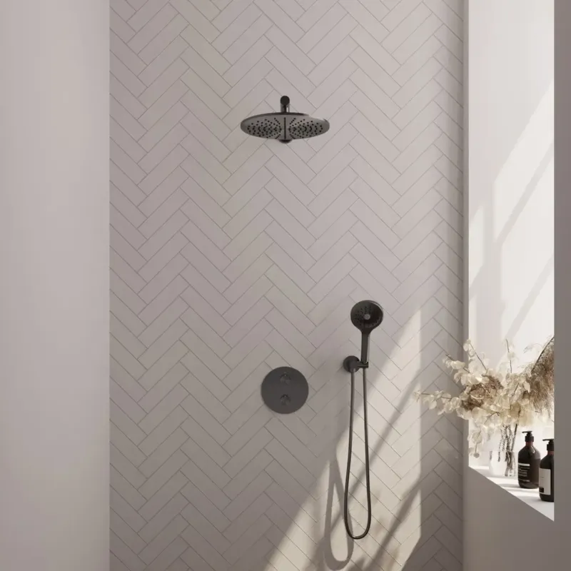 Brauer Gunmetal Carving thermostatische inbouw regendouche met 3 standen handdouche, rechte muurarm en hoofddouche 30cm set 80 gunmetal geborsteld PVD Must-Have