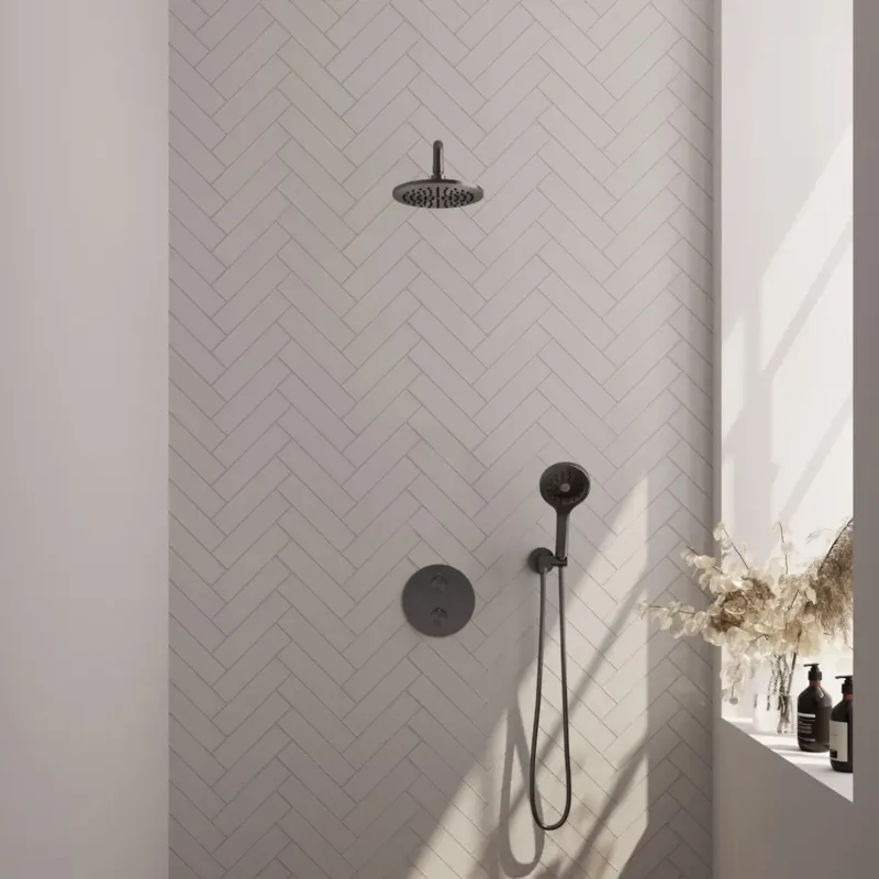 Brauer Gunmetal Carving thermostatische inbouw regendouche met 3 standen handdouche, gebogen muurarm en hoofddouche 20cm set 81 gunmetal geborsteld PVD Lage Kosten