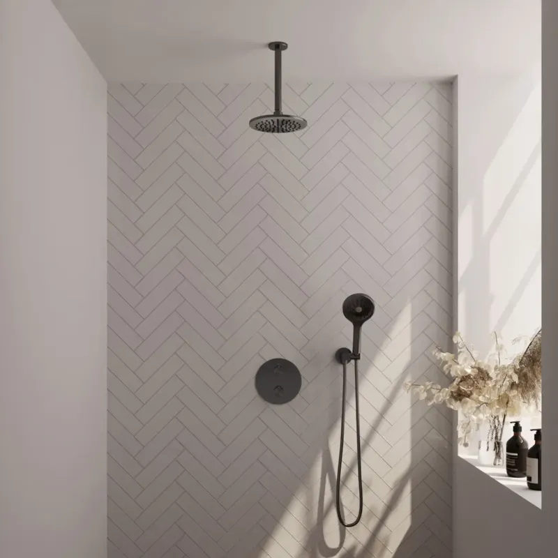 Fabrieksprijs Brauer Gunmetal Carving thermostatische inbouw regendouche met 3 standen handdouche, plafondarm en hoofddouche 20cm set 83 gunmetal geborsteld PVD
