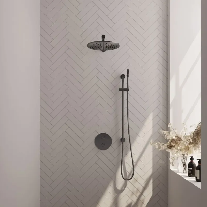 Brauer Gunmetal Carving thermostatische inbouw regendouche met staafhanddouche, rechte muurarm, glijstang en hoofddouche 30cm set 86 gunmetal geborsteld PVD Direct Verzonden