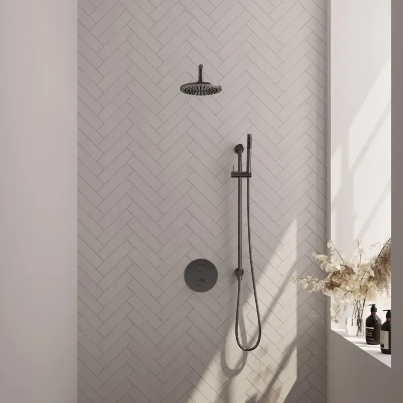 Brauer Gunmetal Carving thermostatische inbouw regendouche met staafhanddouche, gebogen muurarm, glijstang en hoofddouche 20cm set 87 gunmetal geborsteld PVD Populair