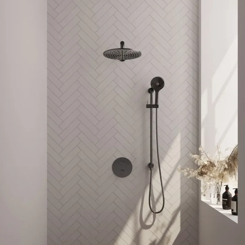 Superprijs Brauer Gunmetal Carving thermostatische inbouw regendouche met 3 standen handdouche, rechte muurarm, glijstang en hoofddouche 30cm set 92 gunmetal geborsteld PVD