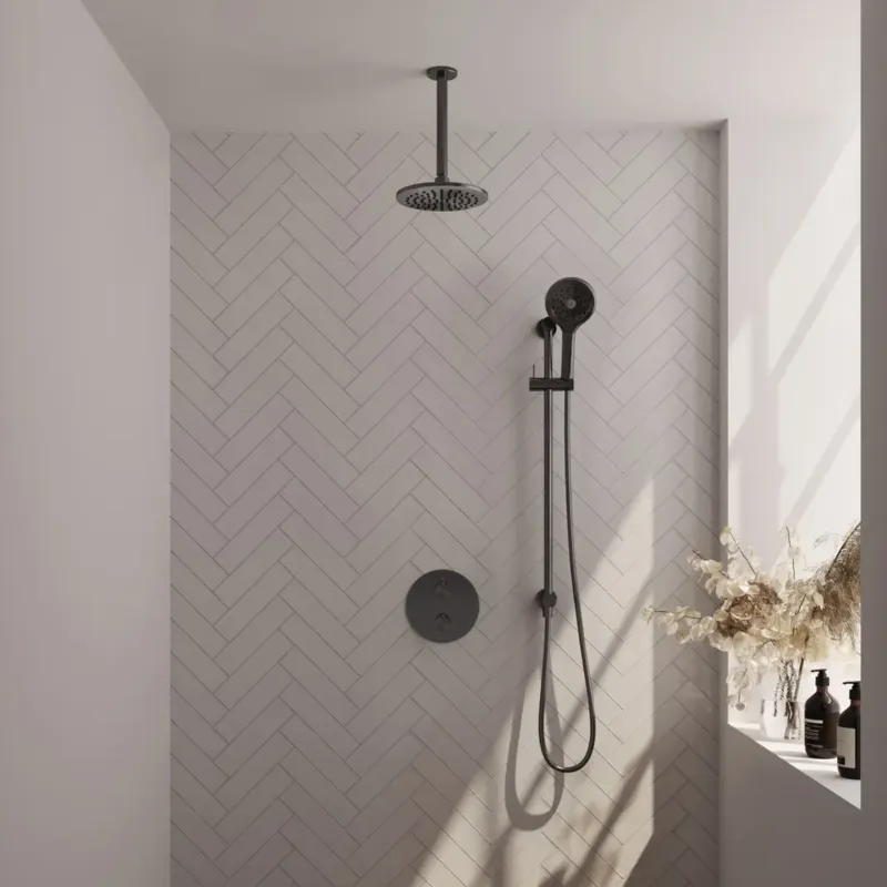Koopje Brauer Gunmetal Carving thermostatische inbouw regendouche met 3 standen handdouche, plafondarm, glijstang en hoofddouche 20cm set 95 gunmetal geborsteld PVD