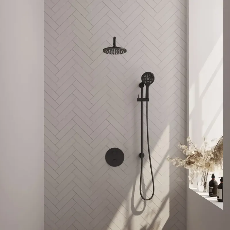 Hoge Kwaliteit Brauer Black Carving thermostatische inbouw regendouche met 3 standen handdouche, gebogen muurarm, glijstang en hoofddouche 20cm set 93 zwart mat