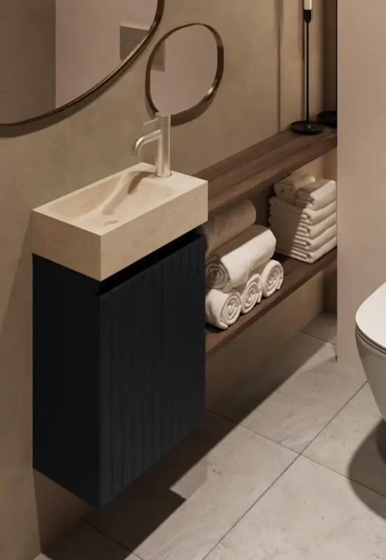 Lage Kosten Fontana White Travertin toiletmeubel met ribbelfront 40cm zwart mat