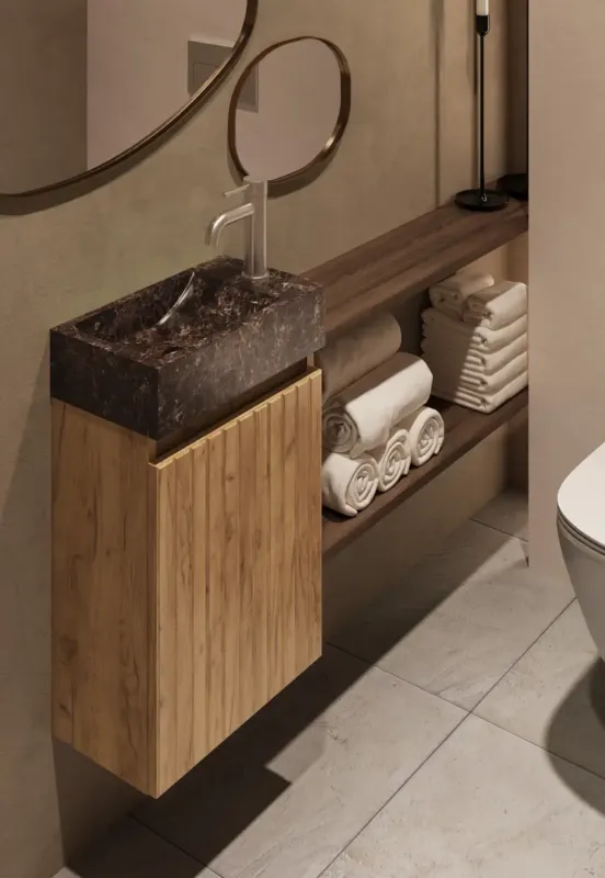 Fontana Dark Emperador toiletmeubel met ribbelfront 40cm warm eiken Koopje