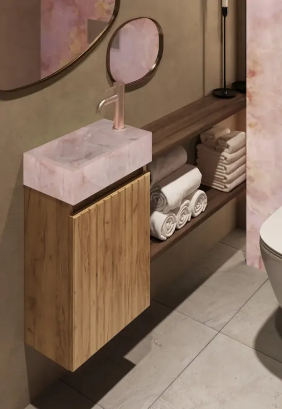 Koopje Fontana Pink Onyx toiletmeubel met ribbelfront 40cm warm eiken