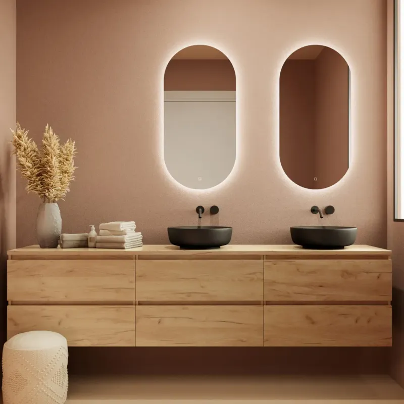 Fontana Proma badmeubel 240cm met zwarte waskommen warm eiken Flitsaanbieding