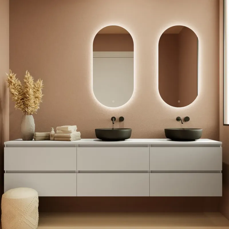 Weekendaanbieding Fontana Proma badkamermeubel 240cm met zwarte waskommen en LED spiegels wit mat