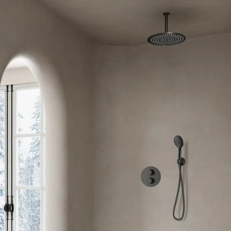 Merkproduct Saniclear Iron inbouw regendouche rond met 20cm hoofddouche, plafondarm en 2 standen handdouche verouderd ijzer - gunmetal