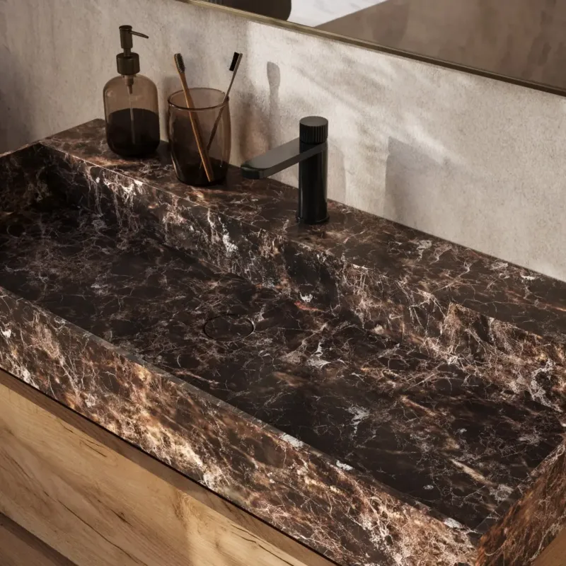 Saniclear Dark Emperador marmeren wastafel 80x46cm met kraangat Korting