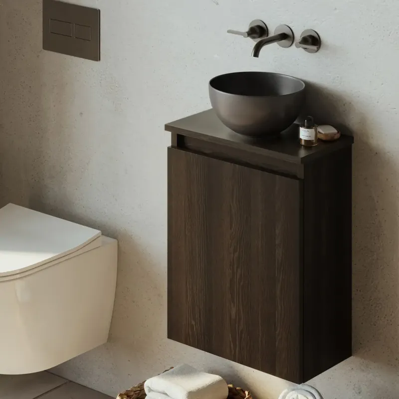 Weekendaanbieding Fontana Bano toiletmeubel kasteel bruin 40x22cm met mat zwarte waskom