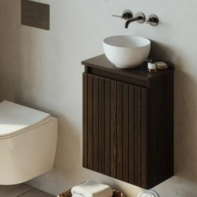 Nu Kopen Fontana Bano toiletmeubel ribbelfront kasteel bruin 40x22cm met glans witte waskom