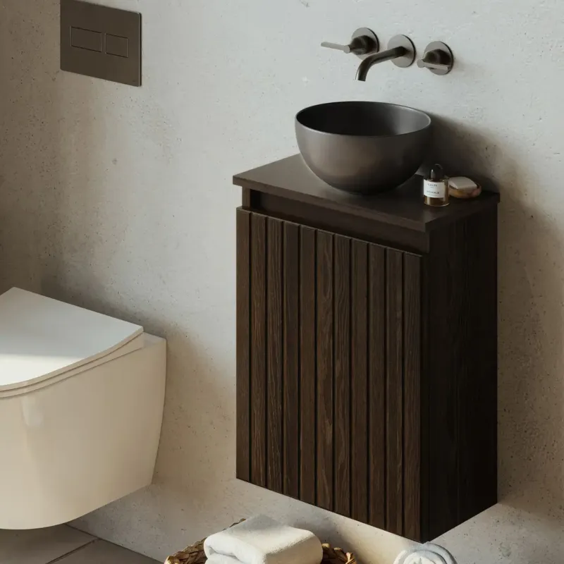 Fontana Bano toiletmeubel ribbelfront kasteel bruin 40x22cm met mat zwarte waskom Laatste Versie