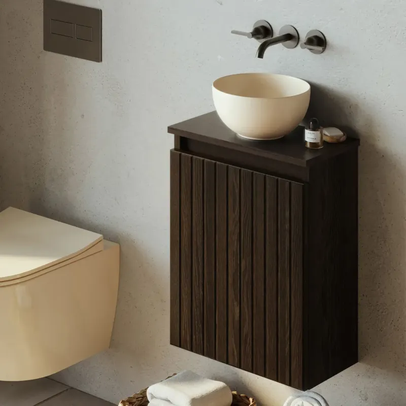 Fontana Bano toiletmeubel ribbelfront kasteel bruin 40x22cm met waskom in licht ivoor Bestseller