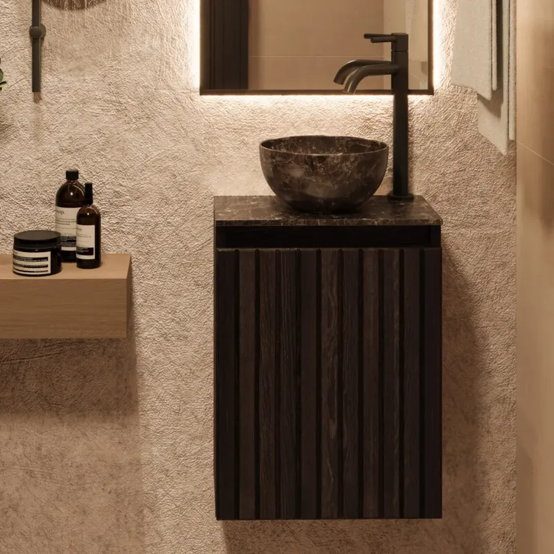Fontana Dark Emperador Micro Marble toiletmeubel met ribbelfront 40cm kasteel bruin Speciale Aanbieding
