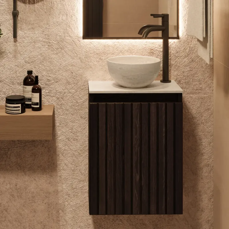 Fontana White Travertin Micro Marble toiletmeubel met ribbelfront 40cm kasteel bruin Direct Beschikbaar