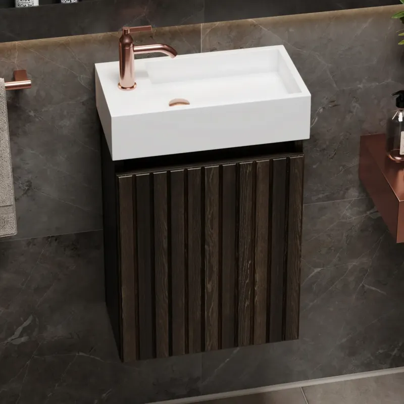 Fontana Alaska toiletmeubel ribbelfront kasteel bruin 40x22cm met solid surface fontein links Shop Nu